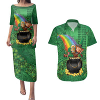 Hawaii Saint Patrick's Day Couples Matching Puletasi and Hawaiian Shirt Funny Leprechaun With Pot Of Gold - Polynesian Tattoo