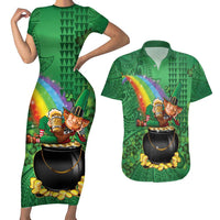 Hawaii Saint Patrick's Day Couples Matching Short Sleeve Bodycon Dress and Hawaiian Shirt Funny Leprechaun With Pot Of Gold - Polynesian Tattoo
