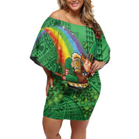 Hawaii Saint Patrick's Day Family Matching Off Shoulder Short Dress and Hawaiian Shirt Funny Leprechaun With Pot Of Gold - Polynesian Tattoo
