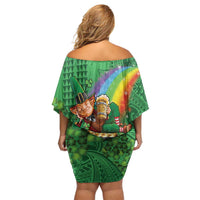 Hawaii Saint Patrick's Day Family Matching Off Shoulder Short Dress and Hawaiian Shirt Funny Leprechaun With Pot Of Gold - Polynesian Tattoo