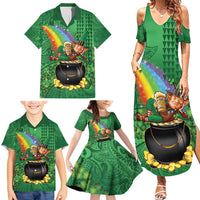Hawaii Saint Patrick's Day Family Matching Summer Maxi Dress and Hawaiian Shirt Funny Leprechaun With Pot Of Gold - Polynesian Tattoo