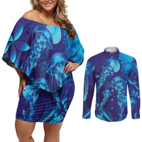 Purple Paradise Polynesia Jellyfish Couples Matching Off Shoulder Short Dress and Long Sleeve Button Shirt Plumeria Polynesian Tattoo Glowing Vibes