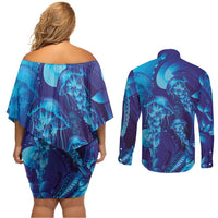 Purple Paradise Polynesia Jellyfish Couples Matching Off Shoulder Short Dress and Long Sleeve Button Shirt Plumeria Polynesian Tattoo Glowing Vibes