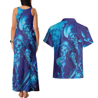 Purple Paradise Polynesia Jellyfish Couples Matching Tank Maxi Dress and Hawaiian Shirt Plumeria Polynesian Tattoo Glowing Vibes