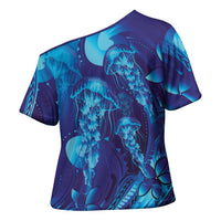 Purple Paradise Polynesia Jellyfish Cross Shoulder Shirt Plumeria Polynesian Tattoo Glowing Vibes LT14 - Polynesian Pride