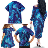Purple Paradise Polynesia Jellyfish Family Matching Off The Shoulder Long Sleeve Dress and Hawaiian Shirt Plumeria Polynesian Tattoo Glowing Vibes