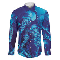 Purple Paradise Polynesia Jellyfish Family Matching Off The Shoulder Long Sleeve Dress and Hawaiian Shirt Plumeria Polynesian Tattoo Glowing Vibes