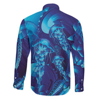 Purple Paradise Polynesia Jellyfish Family Matching Off The Shoulder Long Sleeve Dress and Hawaiian Shirt Plumeria Polynesian Tattoo Glowing Vibes