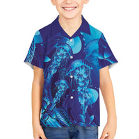 Purple Paradise Polynesia Jellyfish Family Matching Off The Shoulder Long Sleeve Dress and Hawaiian Shirt Plumeria Polynesian Tattoo Glowing Vibes