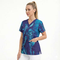 Purple Paradise Polynesia Jellyfish Scrub Top Plumeria Polynesian Tattoo Glowing Vibes