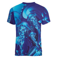 Purple Paradise Polynesia Jellyfish Women V-Neck T-Shirt Plumeria Polynesian Tattoo Glowing Vibes