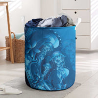 Blue Gradient Polynesia Jellyfish Laundry Basket Plumeria Polynesian Tattoo Glowing Vibes