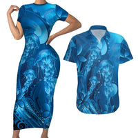 Blue Gradient Polynesia Jellyfish Couples Matching Short Sleeve Bodycon Dress and Hawaiian Shirt Plumeria Polynesian Tattoo Glowing Vibes