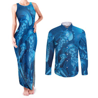Blue Gradient Polynesia Jellyfish Couples Matching Tank Maxi Dress and Long Sleeve Button Shirt Plumeria Polynesian Tattoo Glowing Vibes