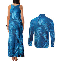 Blue Gradient Polynesia Jellyfish Couples Matching Tank Maxi Dress and Long Sleeve Button Shirt Plumeria Polynesian Tattoo Glowing Vibes