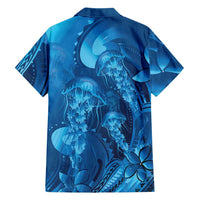 Blue Gradient Polynesia Jellyfish Family Matching Off The Shoulder Long Sleeve Dress and Hawaiian Shirt Plumeria Polynesian Tattoo Glowing Vibes