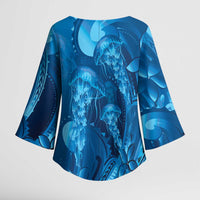 Blue Gradient Polynesia Jellyfish Kimono Sleeve Blouse Plumeria Polynesian Tattoo Glowing Vibes LT14 - Polynesian Pride