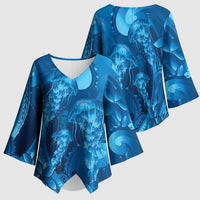 Blue Gradient Polynesia Jellyfish Kimono Sleeve Blouse Plumeria Polynesian Tattoo Glowing Vibes LT14 - Polynesian Pride