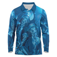 Blue Gradient Polynesia Jellyfish Long Sleeve Polo Shirt Plumeria Polynesian Tattoo Glowing Vibes LT14 Blue - Polynesian Pride