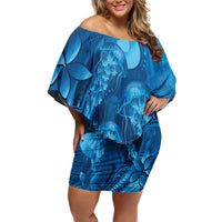 Blue Gradient Polynesia Jellyfish Off Shoulder Short Dress Plumeria Polynesian Tattoo Glowing Vibes