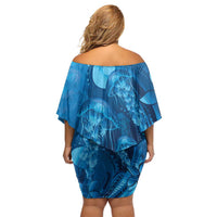 Blue Gradient Polynesia Jellyfish Off Shoulder Short Dress Plumeria Polynesian Tattoo Glowing Vibes