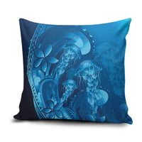 Blue Gradient Polynesia Jellyfish Pillow Cover Plumeria Polynesian Tattoo Glowing Vibes