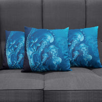 Blue Gradient Polynesia Jellyfish Pillow Cover Plumeria Polynesian Tattoo Glowing Vibes