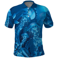 Blue Gradient Polynesia Jellyfish Polo Shirt Plumeria Polynesian Tattoo Glowing Vibes