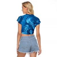 Blue Gradient Polynesia Jellyfish Raglan Cropped T Shirt Plumeria Polynesian Tattoo Glowing Vibes