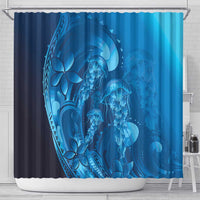 Blue Gradient Polynesia Jellyfish Shower Curtain Plumeria Polynesian Tattoo Glowing Vibes