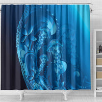 Blue Gradient Polynesia Jellyfish Shower Curtain Plumeria Polynesian Tattoo Glowing Vibes