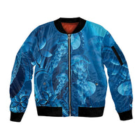 Blue Gradient Polynesia Jellyfish Sleeve Zip Bomber Jacket Plumeria Polynesian Tattoo Glowing Vibes