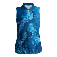Blue Gradient Polynesia Jellyfish Women Sleeveless Polo Shirt Plumeria Polynesian Tattoo Glowing Vibes LT14 Female Blue - Polynesian Pride