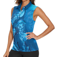 Blue Gradient Polynesia Jellyfish Women Sleeveless Polo Shirt Plumeria Polynesian Tattoo Glowing Vibes LT14 - Polynesian Pride