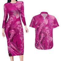 Pink Gradient Polynesia Jellyfish Couples Matching Long Sleeve Bodycon Dress and Hawaiian Shirt Plumeria Polynesian Tattoo Glowing Vibes