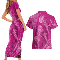 Pink Gradient Polynesia Jellyfish Couples Matching Short Sleeve Bodycon Dress and Hawaiian Shirt Plumeria Polynesian Tattoo Glowing Vibes