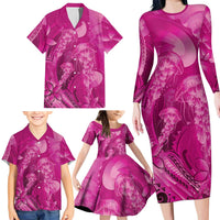 Pink Gradient Polynesia Jellyfish Family Matching Long Sleeve Bodycon Dress and Hawaiian Shirt Plumeria Polynesian Tattoo Glowing Vibes