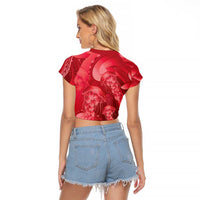 Red Gradient Polynesia Jellyfish Raglan Cropped T Shirt Plumeria Polynesian Tattoo Glowing Vibes