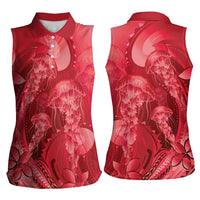Red Gradient Polynesia Jellyfish Women Sleeveless Polo Shirt Plumeria Polynesian Tattoo Glowing Vibes