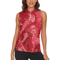 Red Gradient Polynesia Jellyfish Women Sleeveless Polo Shirt Plumeria Polynesian Tattoo Glowing Vibes