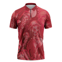 Red Gradient Polynesia Jellyfish Zipper Polo Shirt Plumeria Polynesian Tattoo Glowing Vibes