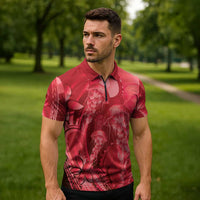 Red Gradient Polynesia Jellyfish Zipper Polo Shirt Plumeria Polynesian Tattoo Glowing Vibes