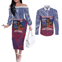 Personalised Samoa Independence Day Couples Matching Off The Shoulder Long Sleeve Dress and Long Sleeve Button Shirt 64th Anniversary Toa O Samoa LT14 Blue - Polynesian Pride