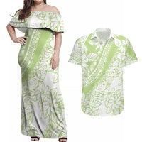 Polynesian Tiare Flower Sage Green Pastel Couples Matching Off Shoulder Maxi Dress and Hawaiian Shirt