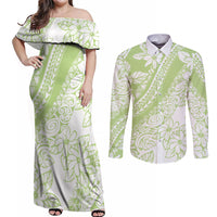 Polynesian Tiare Flower Sage Green Pastel Couples Matching Off Shoulder Maxi Dress and Long Sleeve Button Shirt LT14 Sage Green - Polynesian Pride