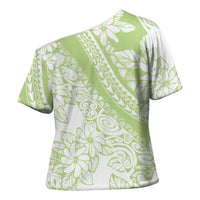 Polynesian Tiare Flower Sage Green Pastel Cross Shoulder Shirt