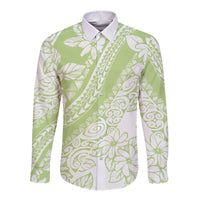 Polynesian Tiare Flower Sage Green Pastel Long Sleeve Button Shirt