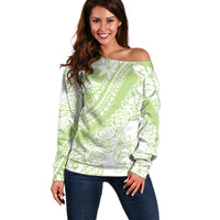 Polynesian Tiare Flower Sage Green Pastel Off Shoulder Sweater