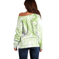 Polynesian Tiare Flower Sage Green Pastel Off Shoulder Sweater