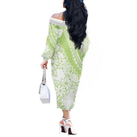Polynesian Tiare Flower Sage Green Pastel Off The Shoulder Long Sleeve Dress